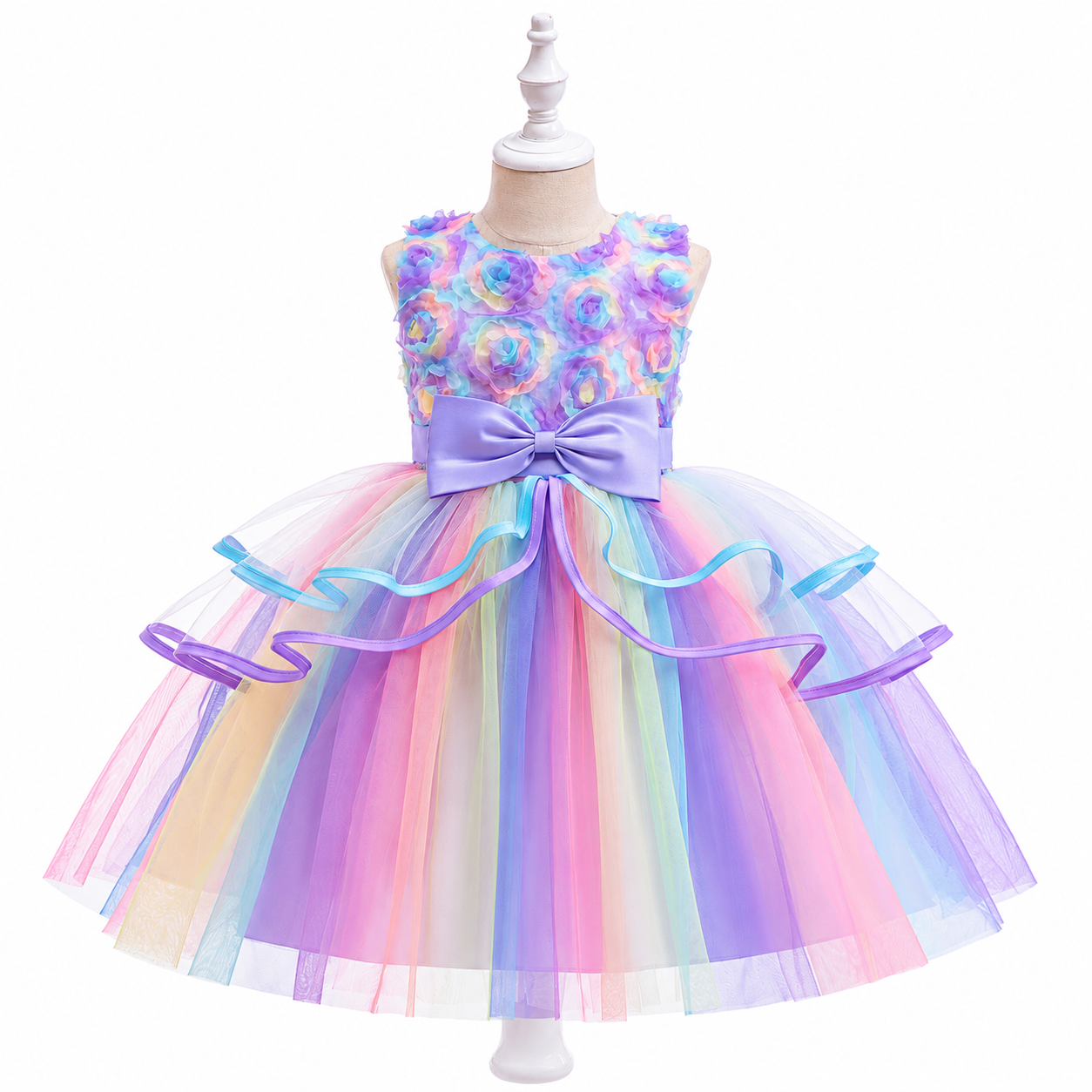 Lil Cloud Threads - 3D Floral Girls Princess Dress With Waist Bow - Multicolor