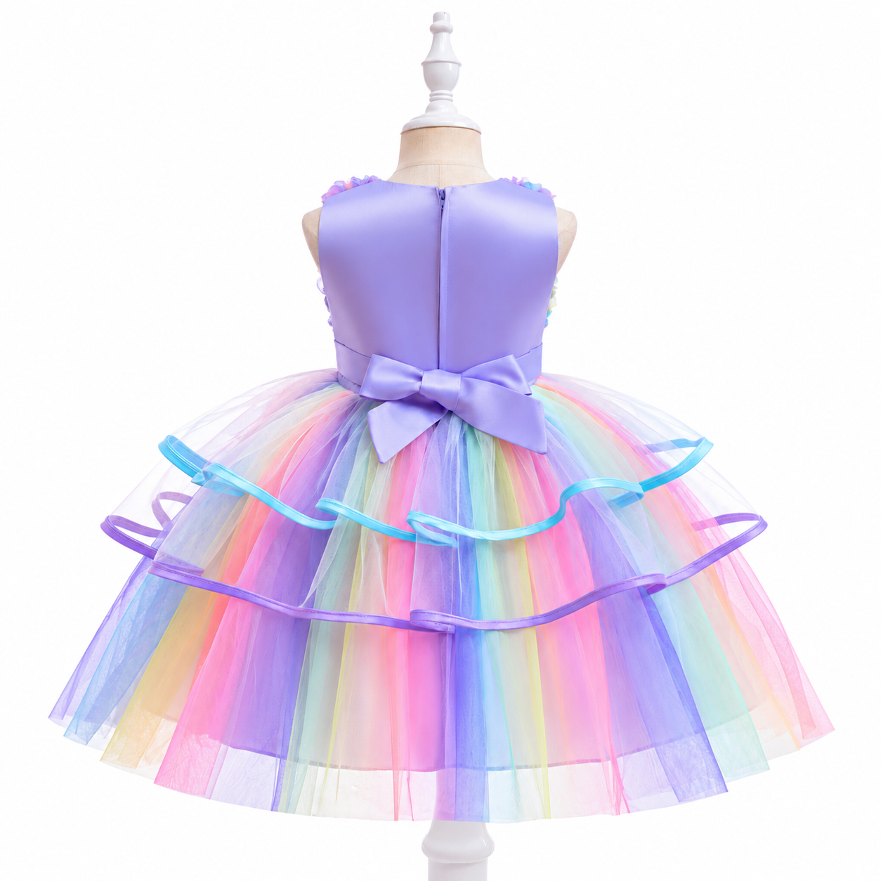 Lil Cloud Threads - 3D Floral Girls Princess Dress With Waist Bow - Multicolor