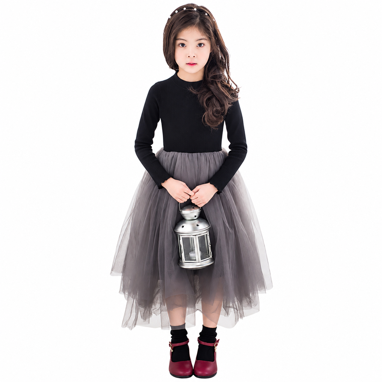 Lil Cloud Threads - Girl's Long Sleeves Knit Top With Irregular Tulle Skirts
