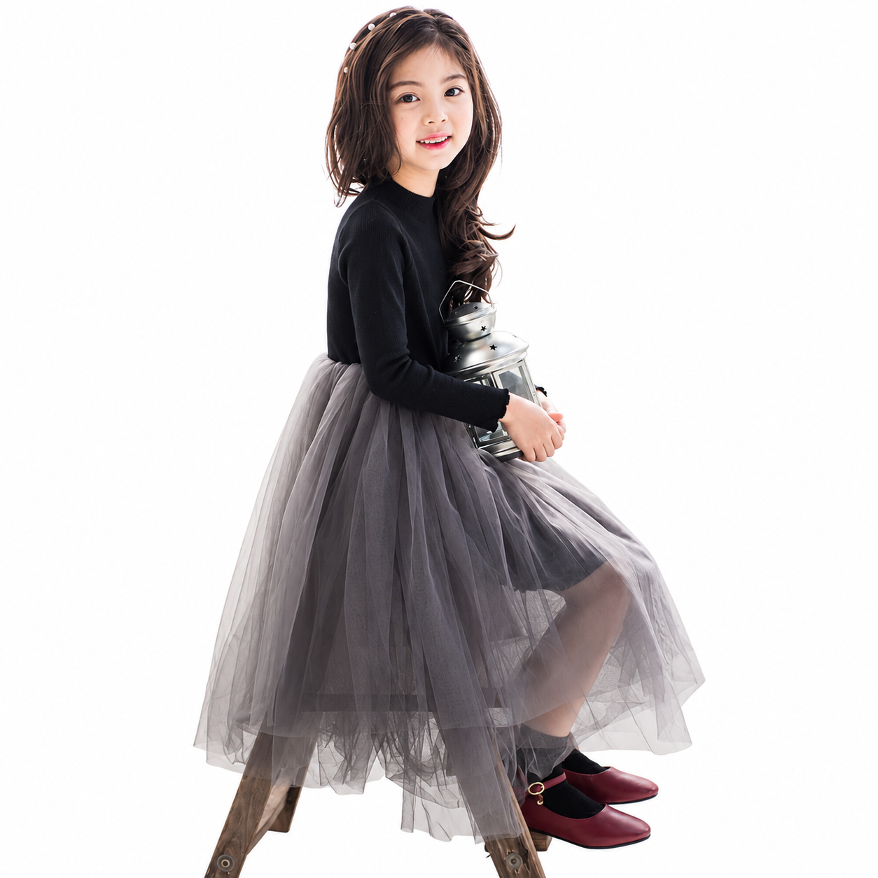 Lil Cloud Threads - Girl's Long Sleeves Knit Top With Irregular Tulle Skirts
