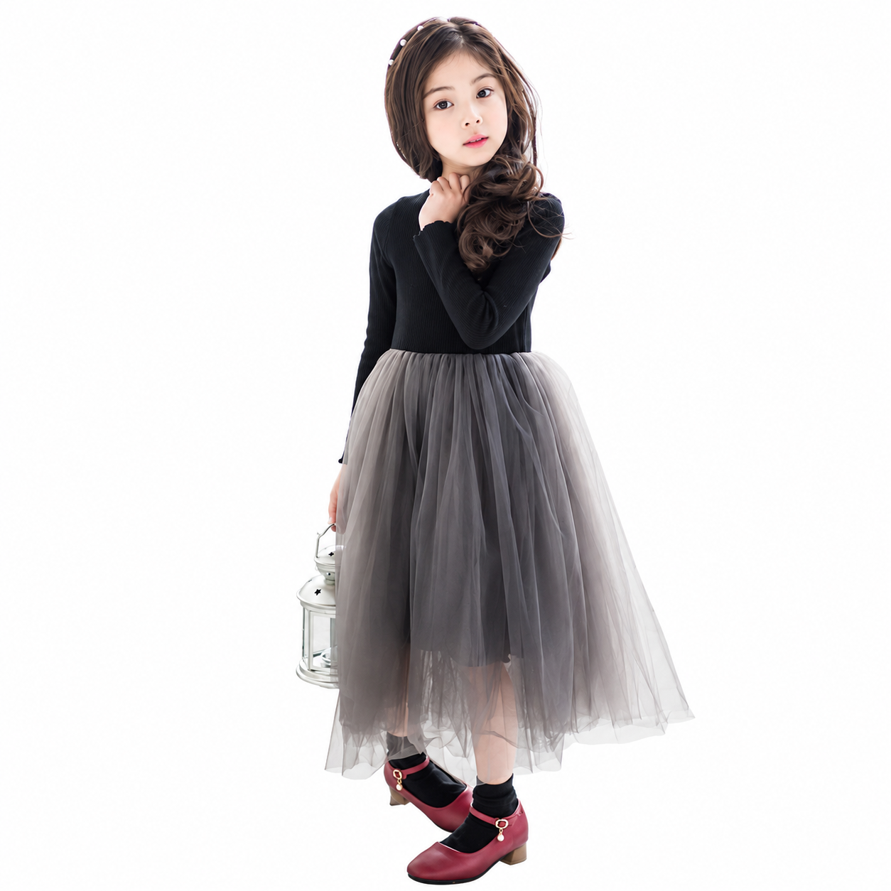 Lil Cloud Threads - Girl's Long Sleeves Knit Top With Irregular Tulle Skirts