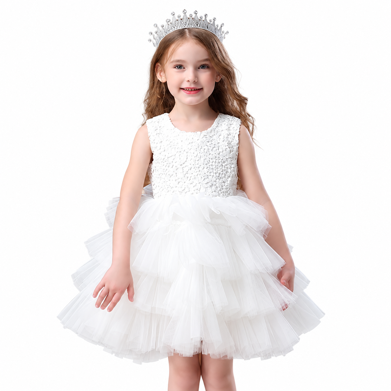 Lil Cloud Threads - Girl's Princess Lace Dress With Layered Tulle Skirts - White