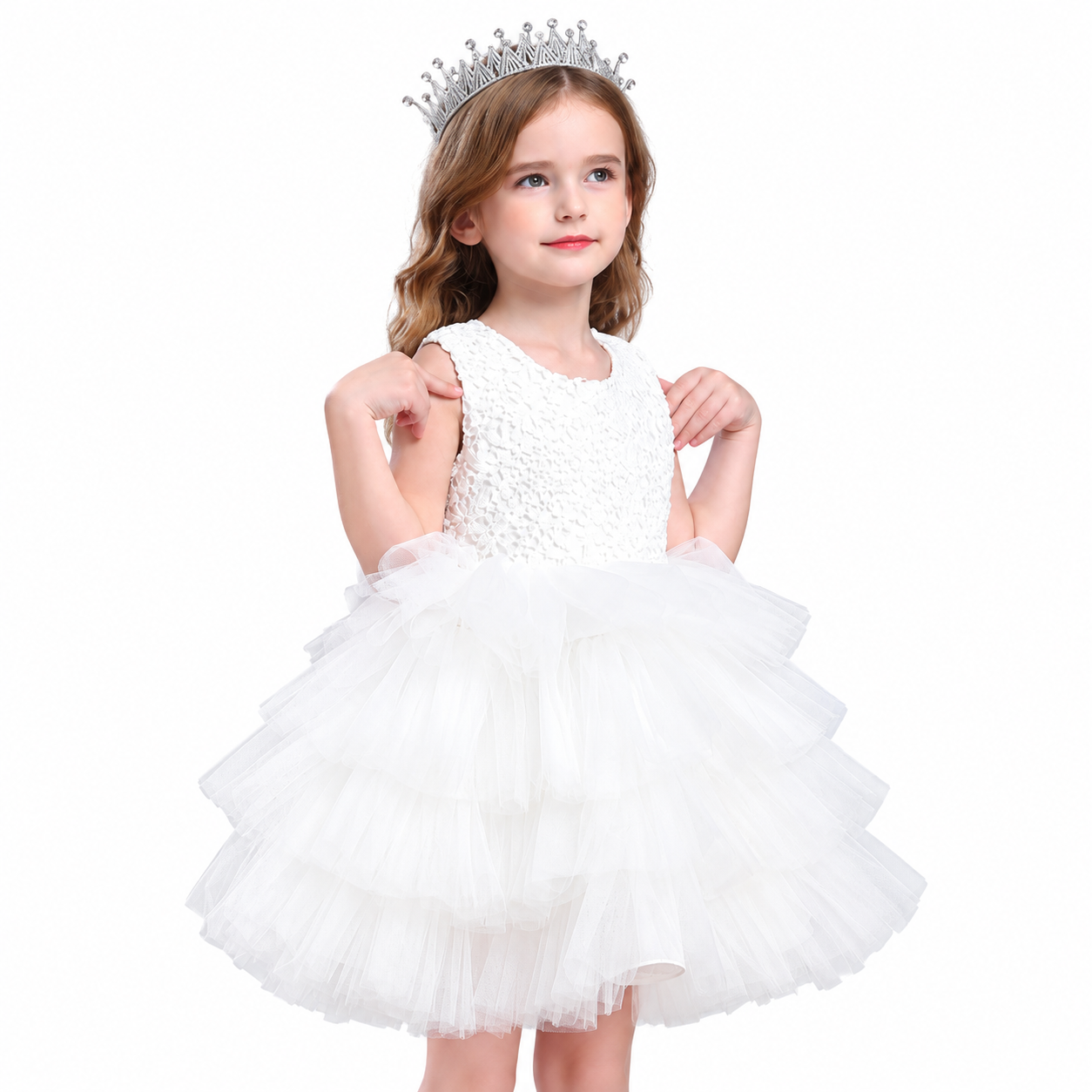 Lil Cloud Threads - Girl's Princess Lace Dress With Layered Tulle Skirts - White