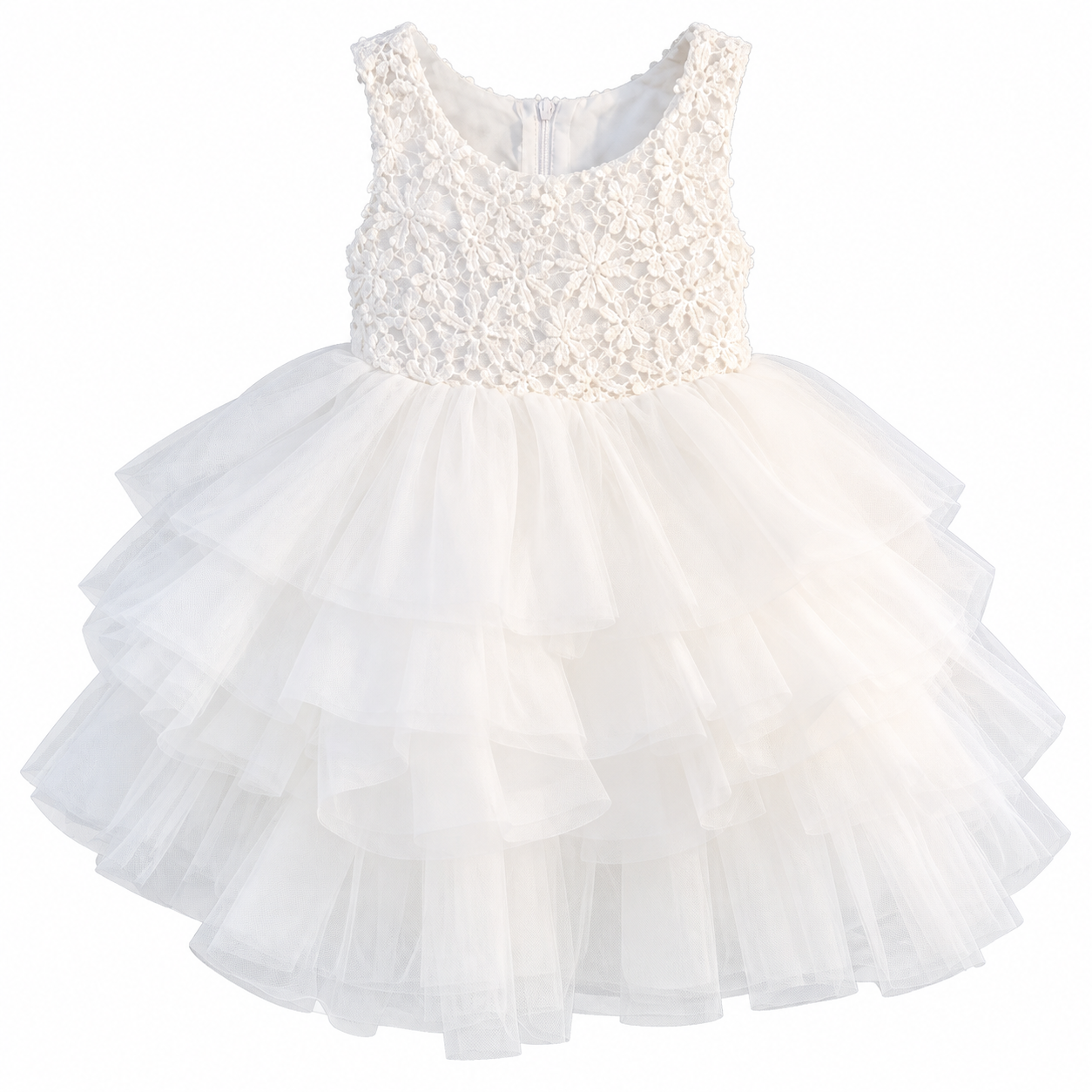 Lil Cloud Threads - Girl's Princess Lace Dress With Layered Tulle Skirts - White