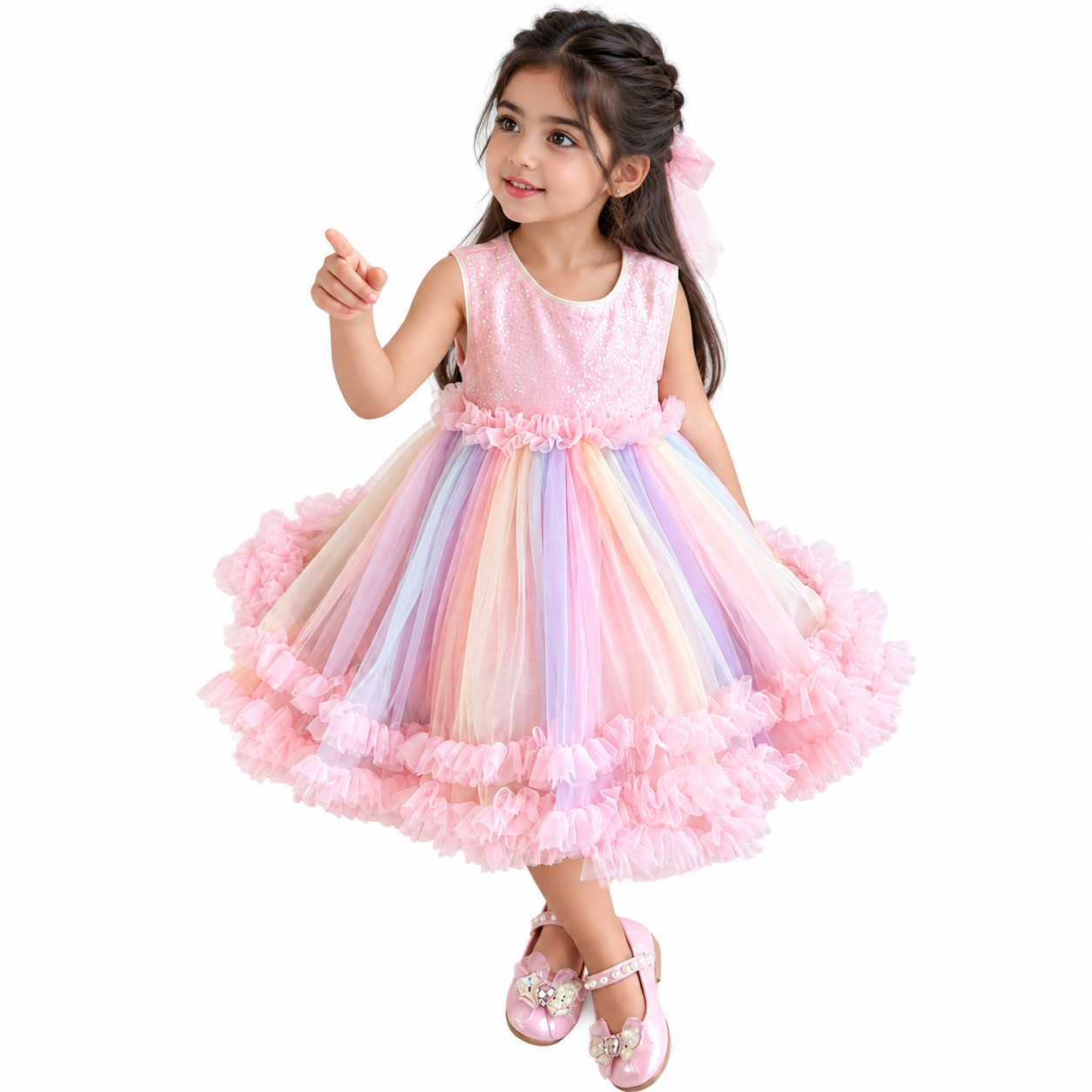 Lil Cloud Threads - Girl's Sleeveless Sequin Rainbow Tulle Party Dress - Pink
