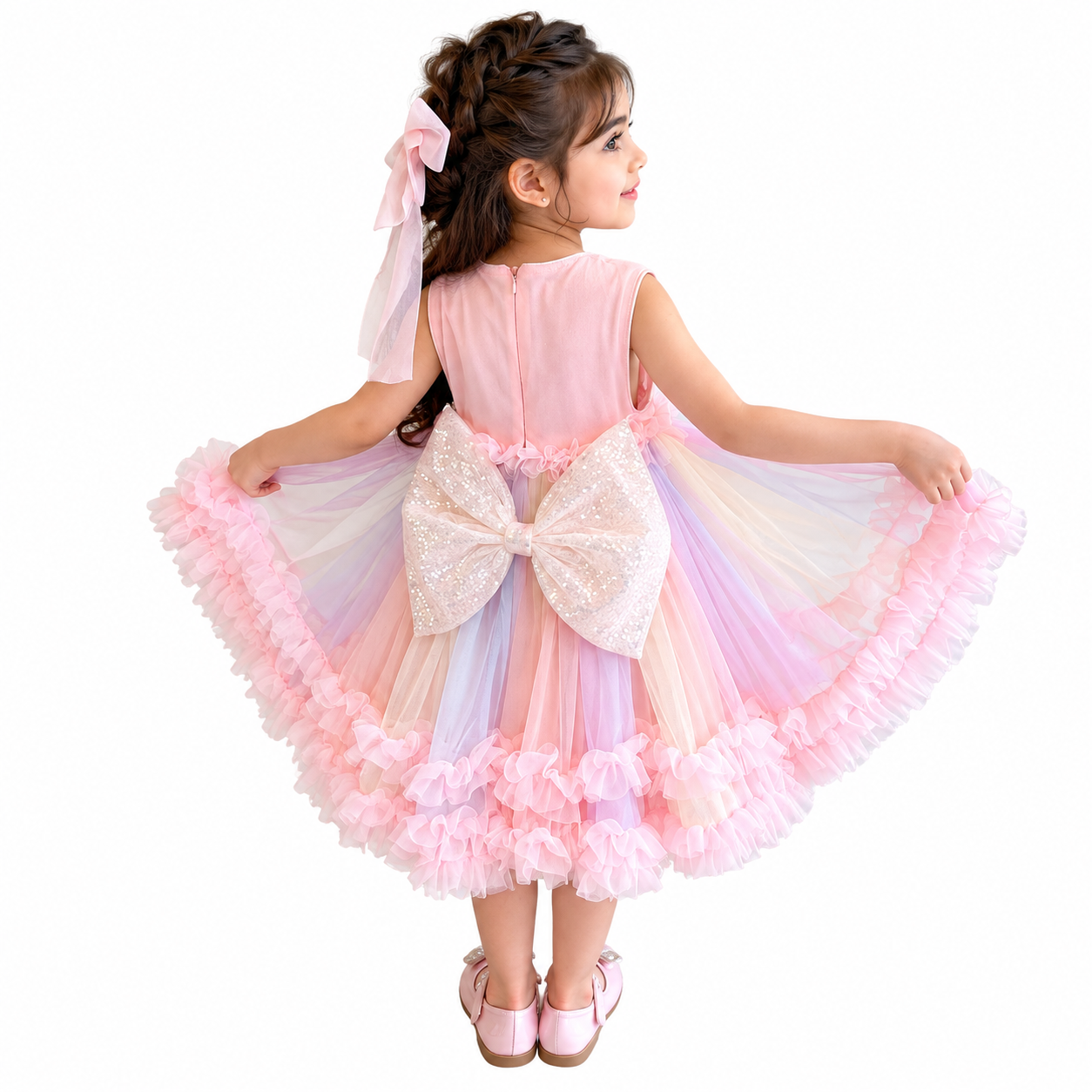 Lil Cloud Threads - Girl's Sleeveless Sequin Rainbow Tulle Party Dress - Pink
