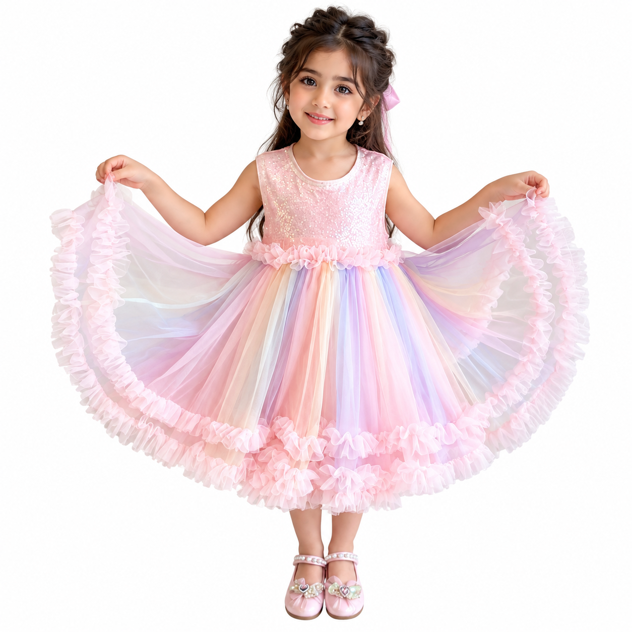 Lil Cloud Threads - Girl's Sleeveless Sequin Rainbow Tulle Party Dress - Pink