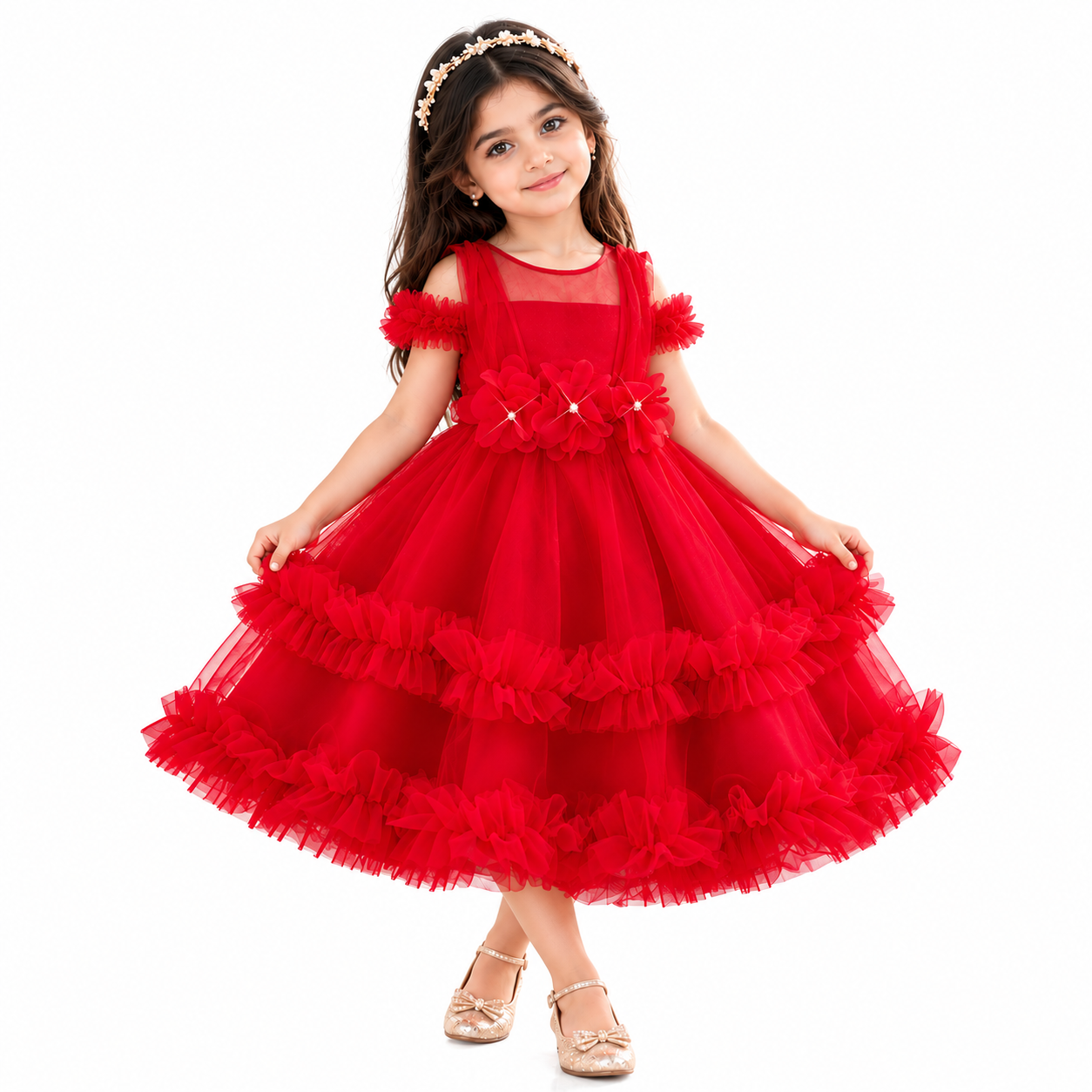 Lil Cloud Threads - Girl's 3D Floral Off Shoulder Princess Dress With Tulle Skirts - Red