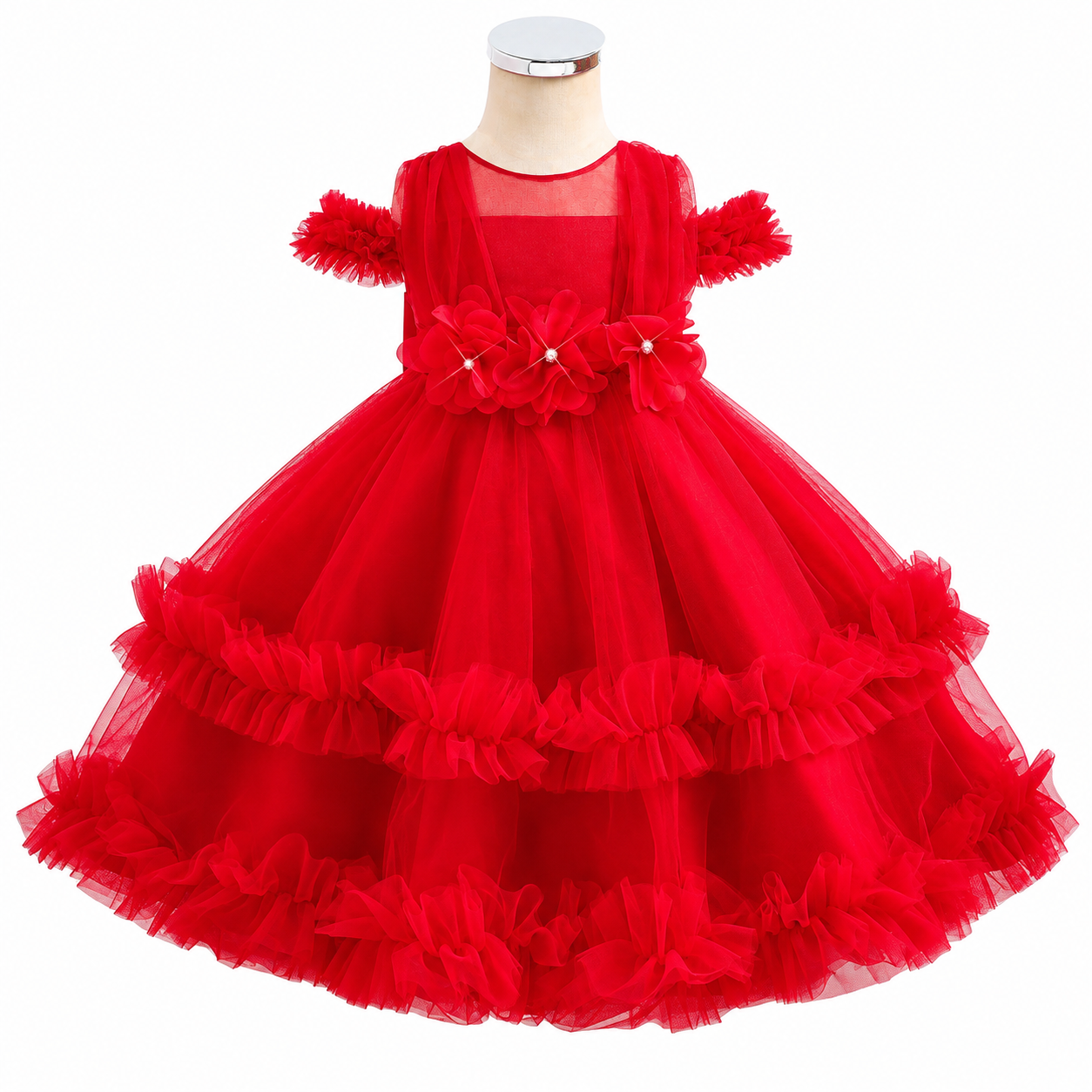 Lil Cloud Threads - Girl's 3D Floral Off Shoulder Princess Dress With Tulle Skirts - Red