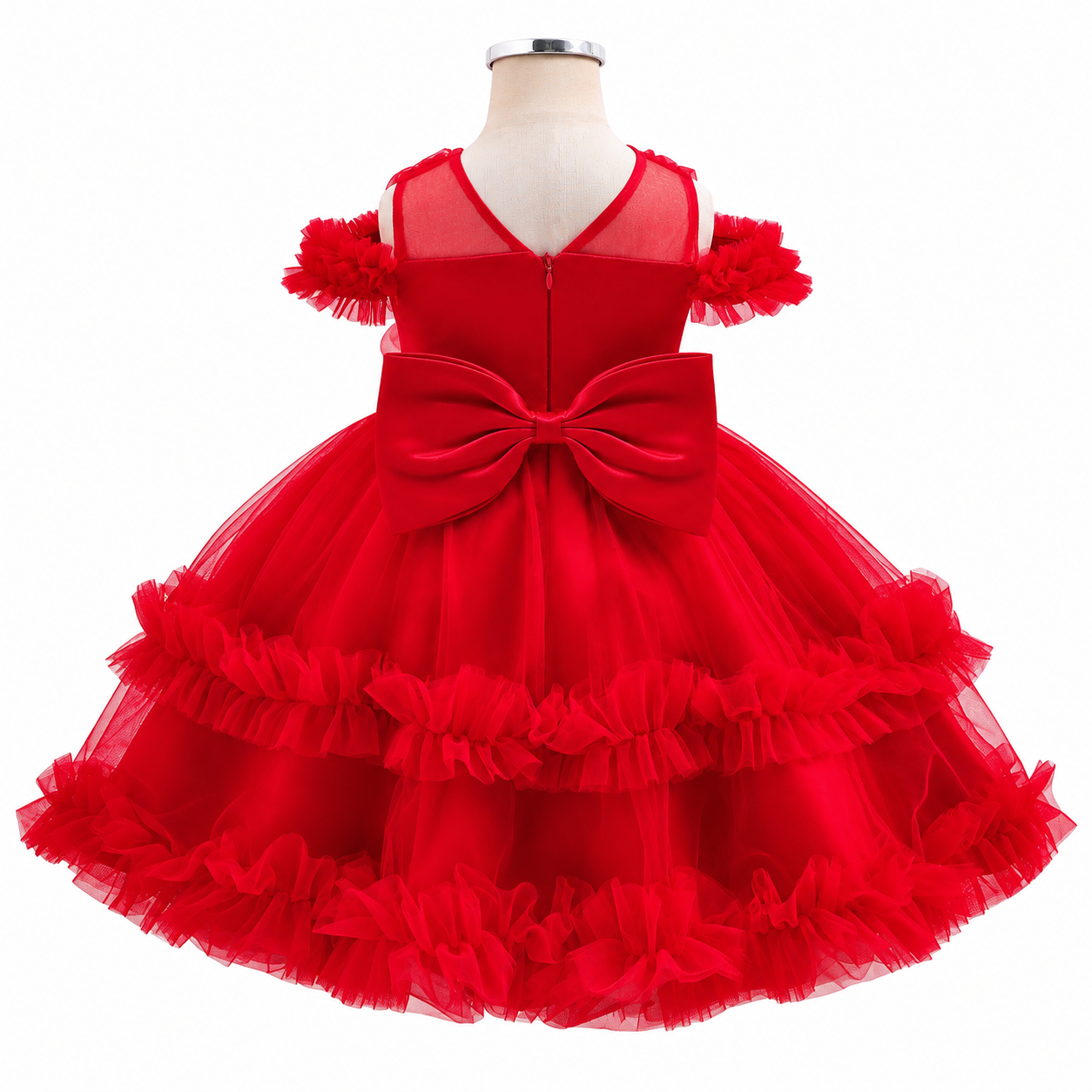 Lil Cloud Threads - Girl's 3D Floral Off Shoulder Princess Dress With Tulle Skirts - Red