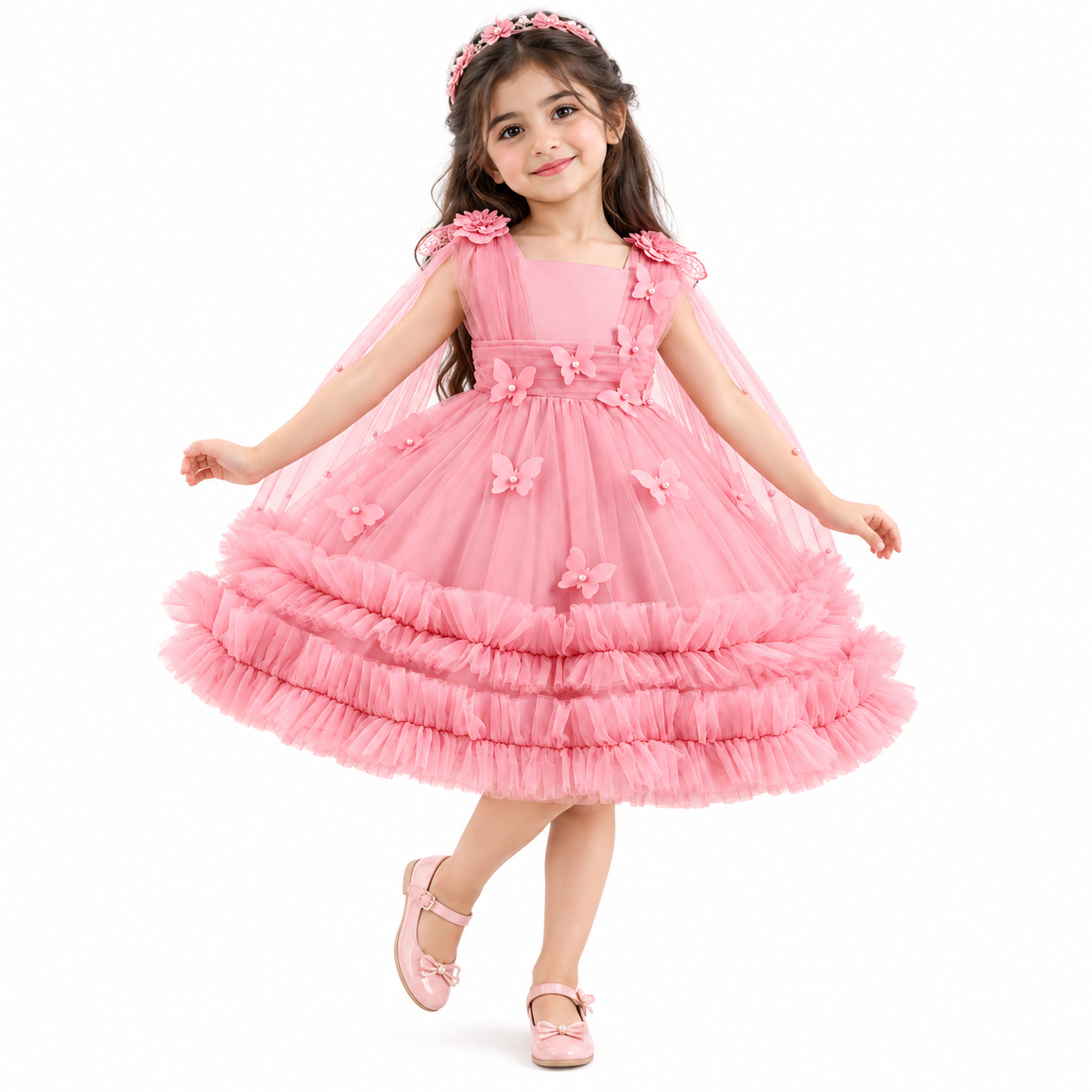 Lil Cloud Threads - Girl's 3D Butterfly Princess Dress With Cape Tulle & Tiered Skirts - Pink