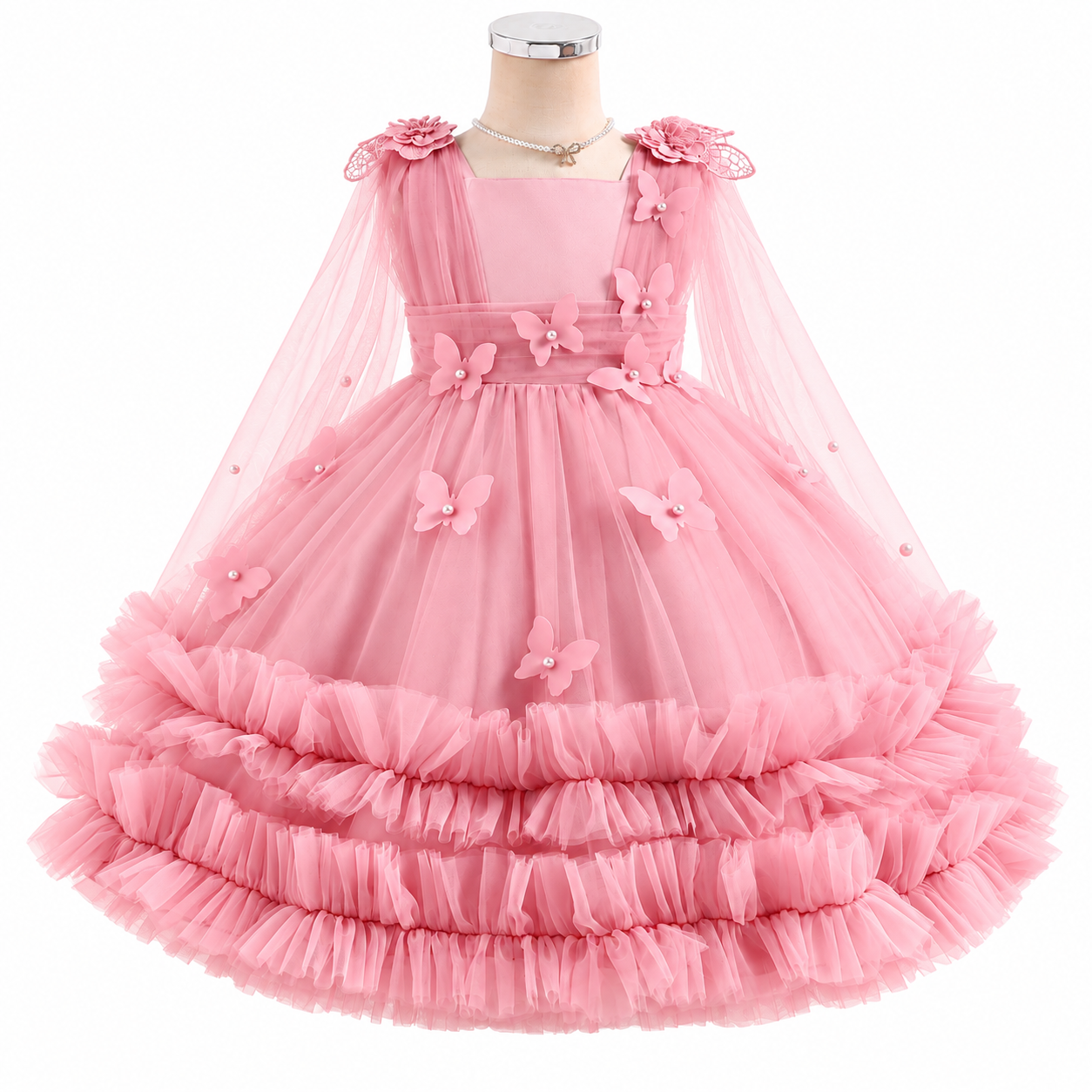 Lil Cloud Threads - Girl's 3D Butterfly Princess Dress With Cape Tulle & Tiered Skirts - Pink