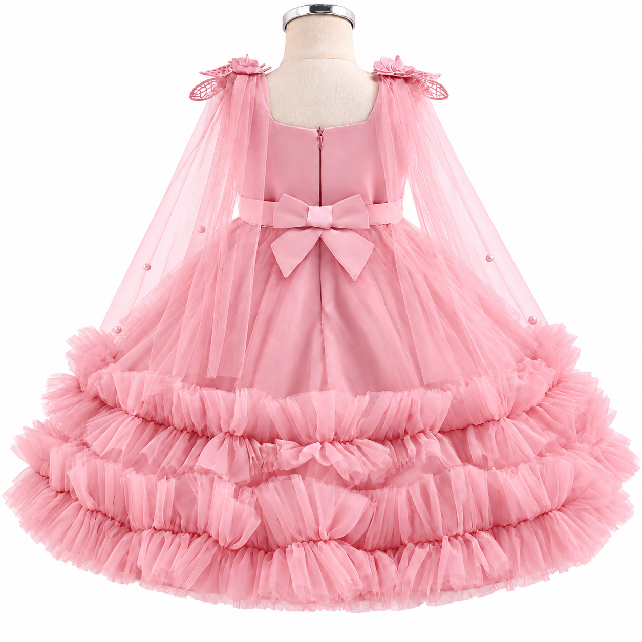 Lil Cloud Threads - Girl's 3D Butterfly Princess Dress With Cape Tulle & Tiered Skirts - Pink