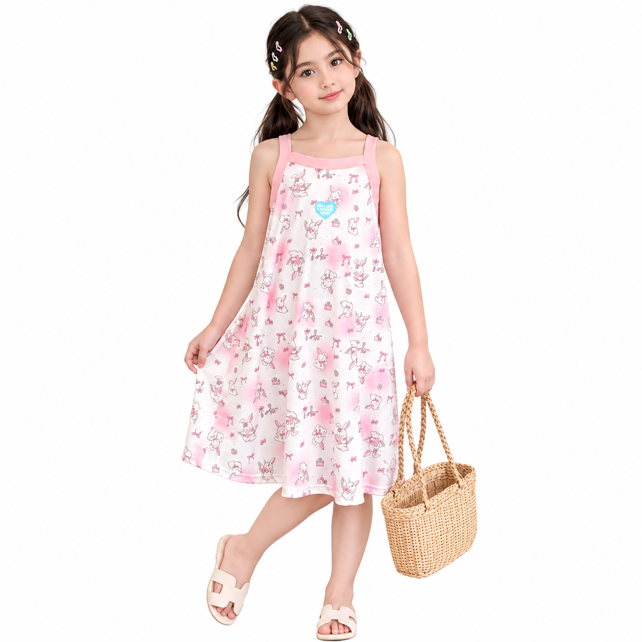 Lil Cloud Threads - Girl's Cartoon Printed Casual Sleeveless Sundress - Pink