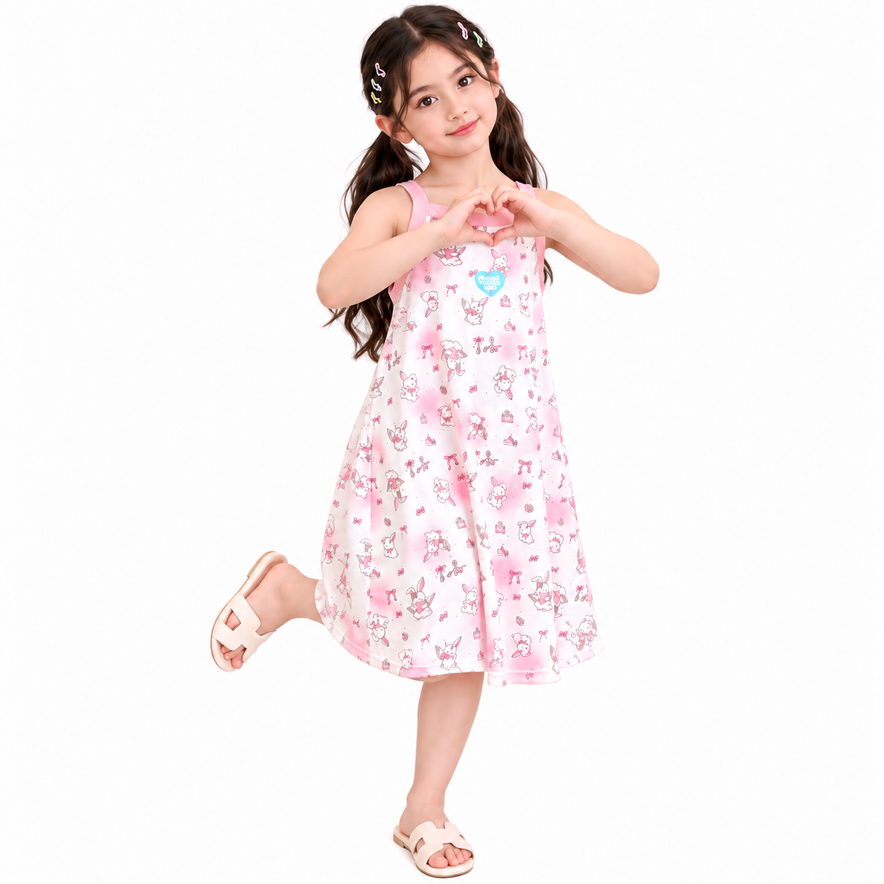 Lil Cloud Threads - Girl's Cartoon Printed Casual Sleeveless Sundress - Pink