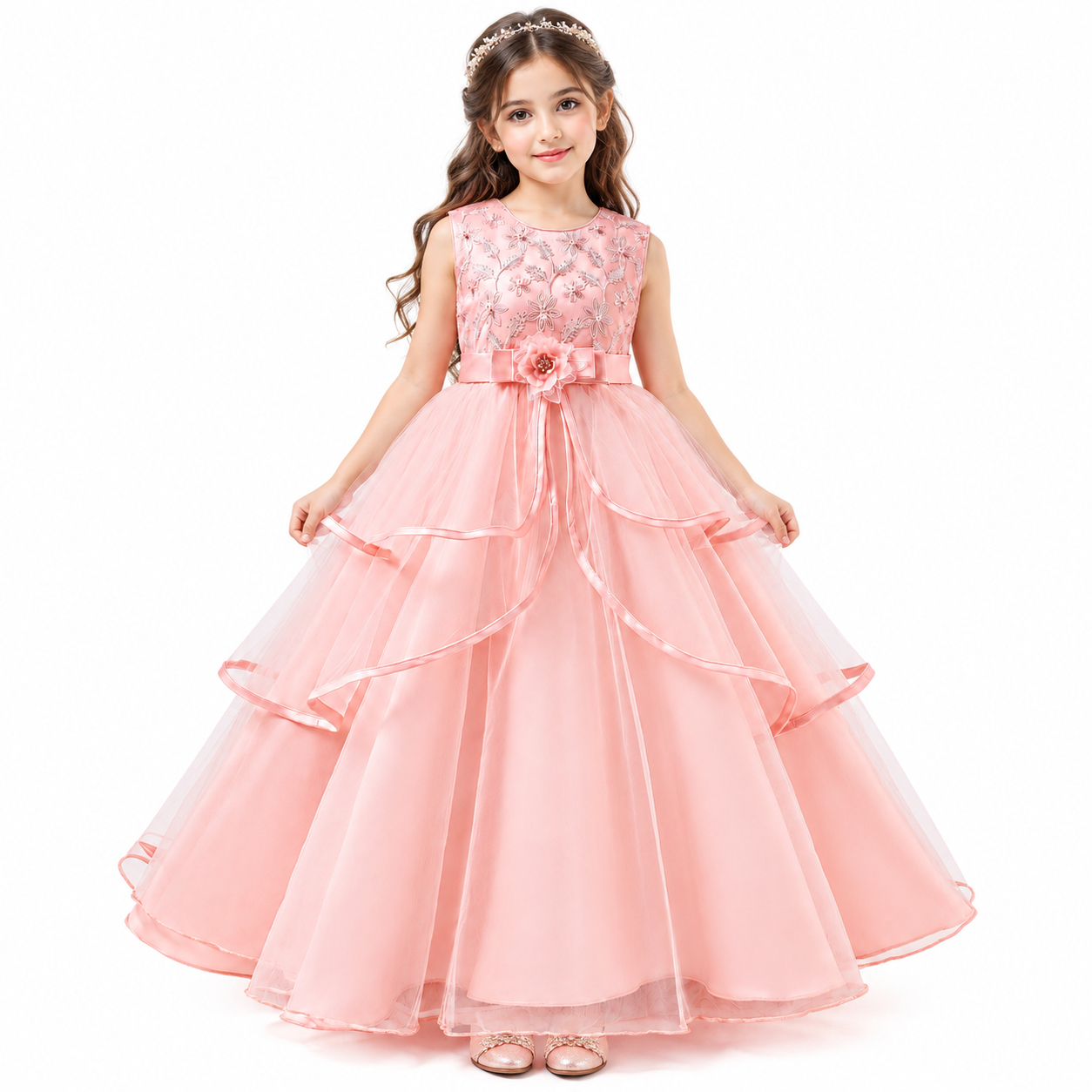 Lil Cloud Threads - Girl's Embroidered Princess Gown With Waist Flower Bow - Pink