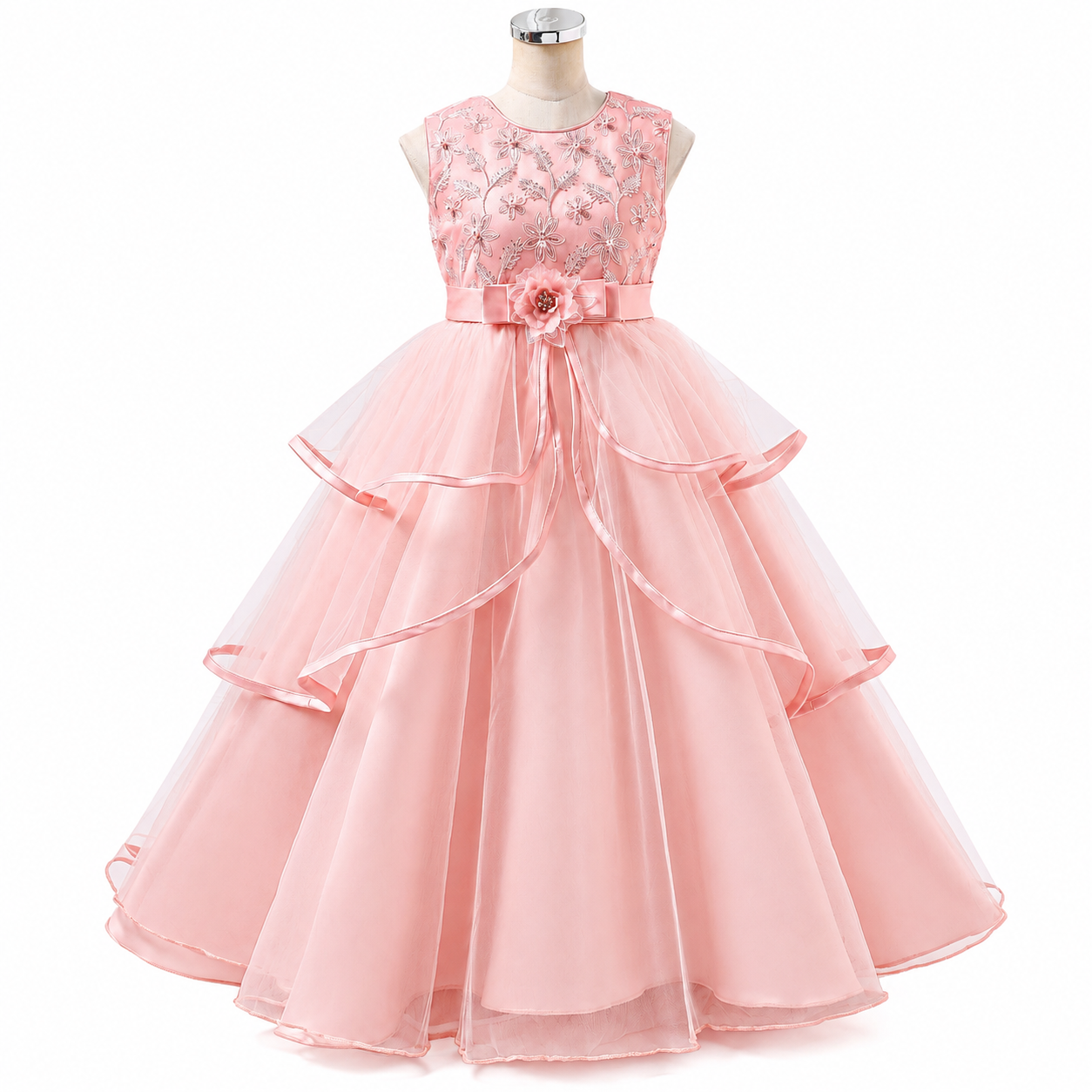 Lil Cloud Threads - Girl's Embroidered Princess Gown With Waist Flower Bow - Pink