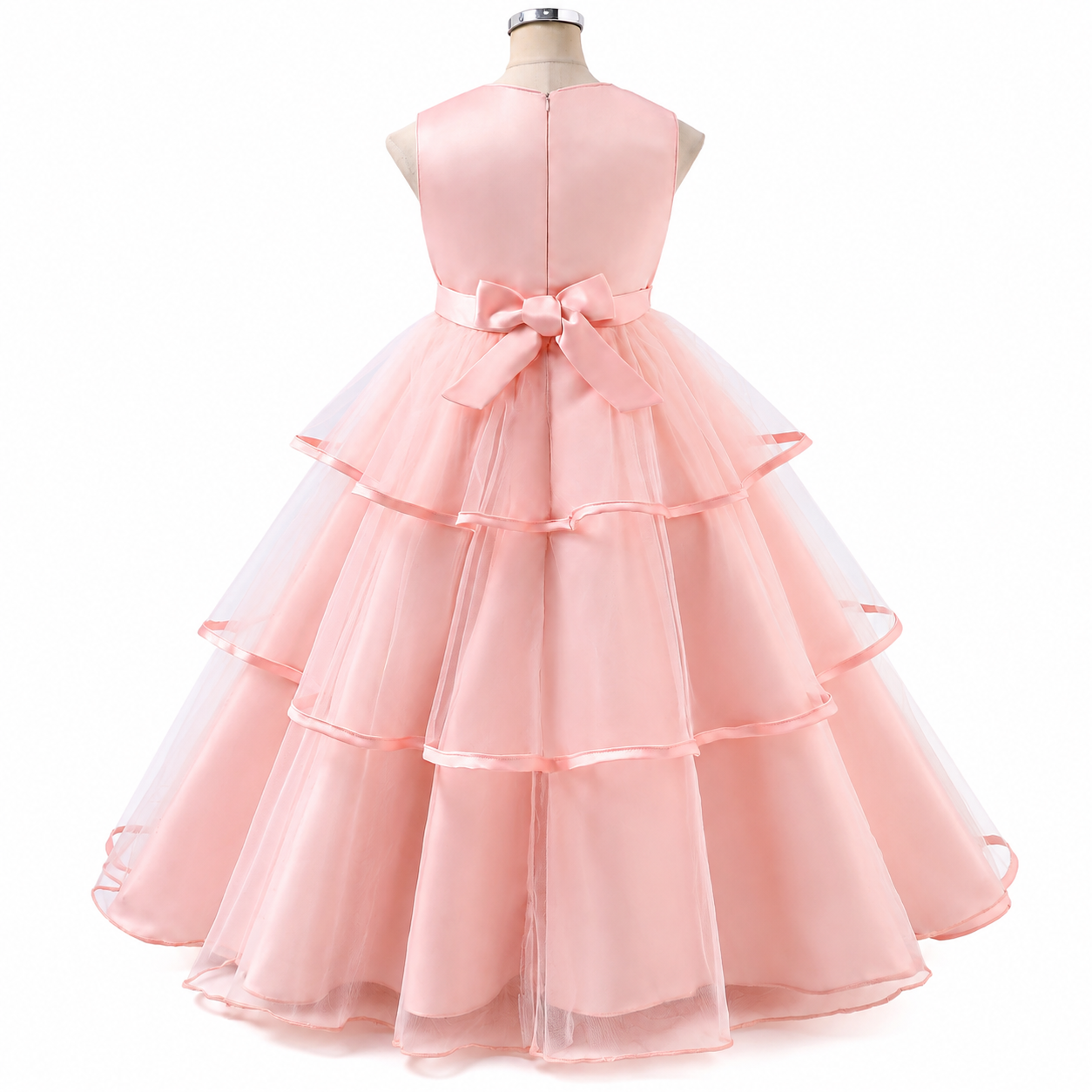 Lil Cloud Threads - Girl's Embroidered Princess Gown With Waist Flower Bow - Pink