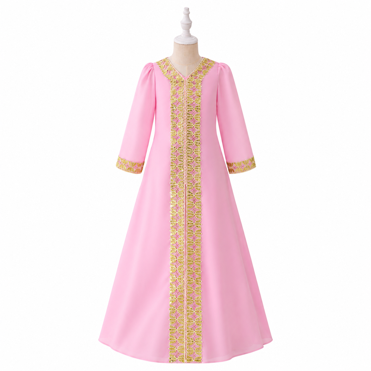 Lil Cloud Threads - Girl's Floral Embroidered Lace Trim Party Abaya Gown - Pink