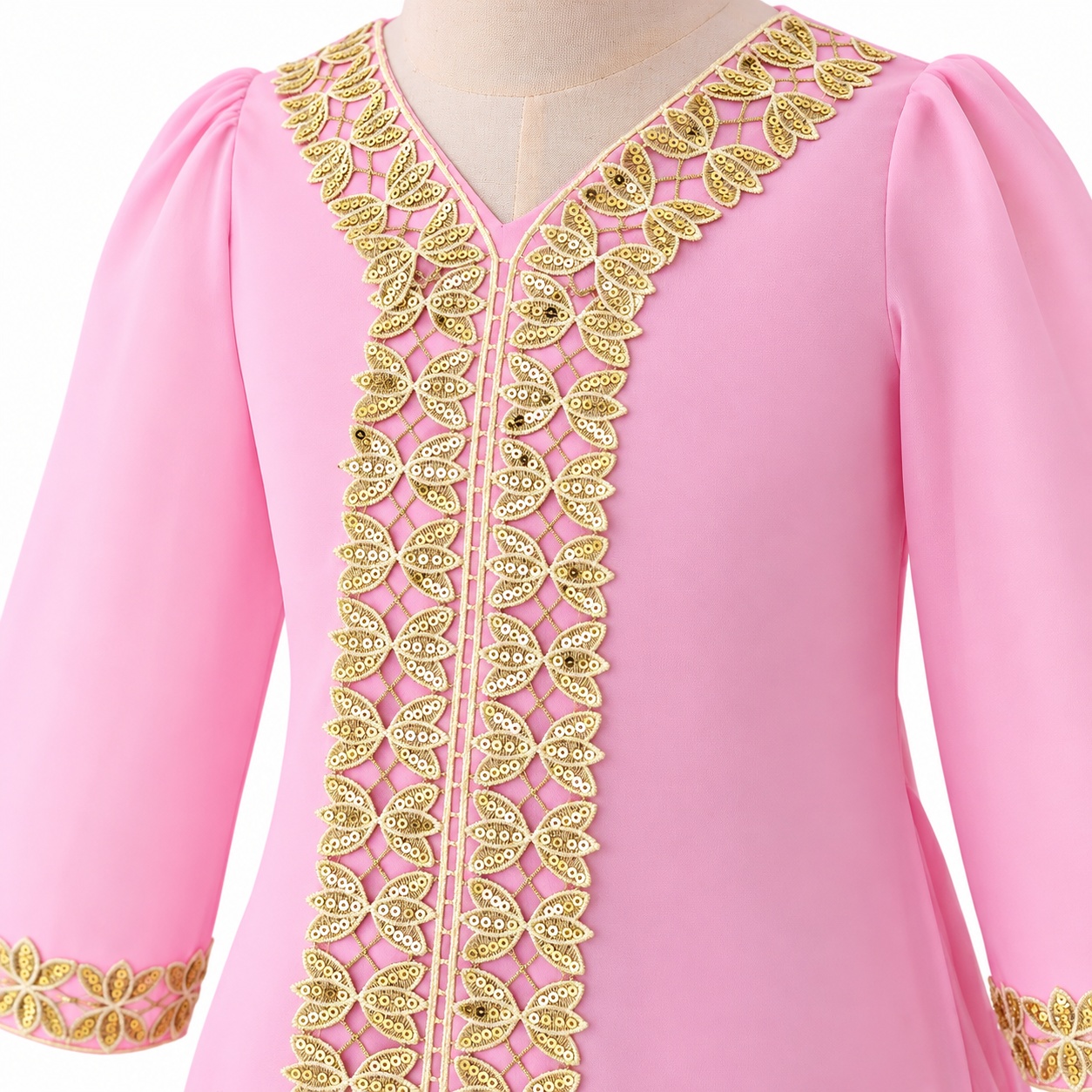 Lil Cloud Threads - Girl's Floral Embroidered Lace Trim Party Abaya Gown - Pink