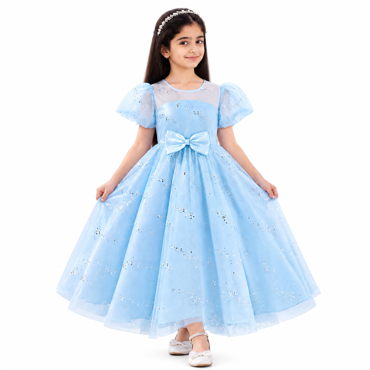 Lil Cloud Threads - Puff Sleeve Girls Princess Dress With Waist Bow - Light Blue