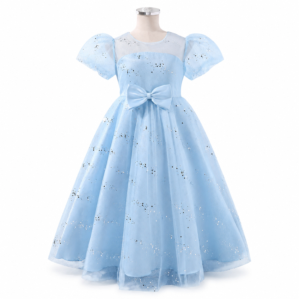 Lil Cloud Threads - Puff Sleeve Girls Princess Dress With Waist Bow - Light Blue
