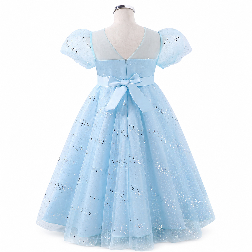 Lil Cloud Threads - Puff Sleeve Girls Princess Dress With Waist Bow - Light Blue