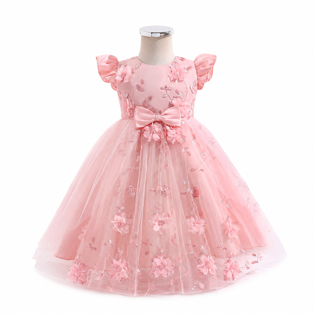 Lil Cloud Threads - 3D Floral Puff‑Sleeve Girls Long Princess Dress With Waist Bow - Pink