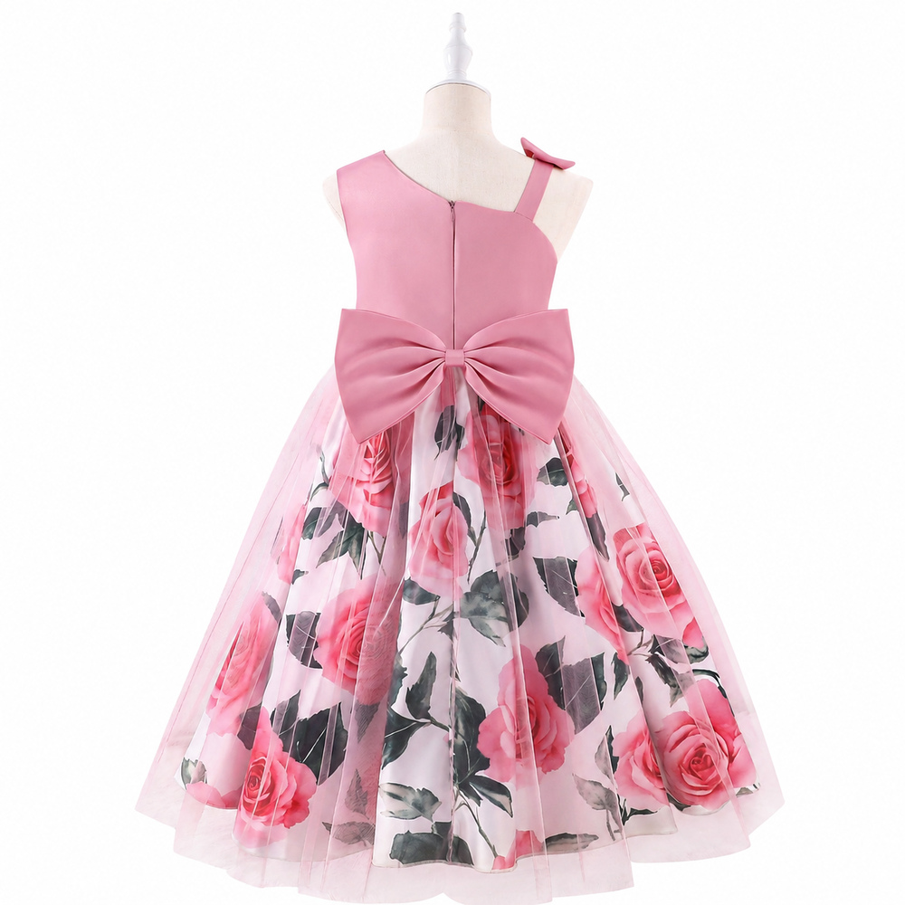 Lil Cloud Threads ‑ One‑Shoulder Floral Tulle Girls Long Princess Dress With Bow ‑ Dusty Pink