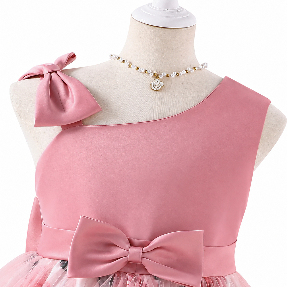 Lil Cloud Threads ‑ One‑Shoulder Floral Tulle Girls Long Princess Dress With Bow ‑ Dusty Pink