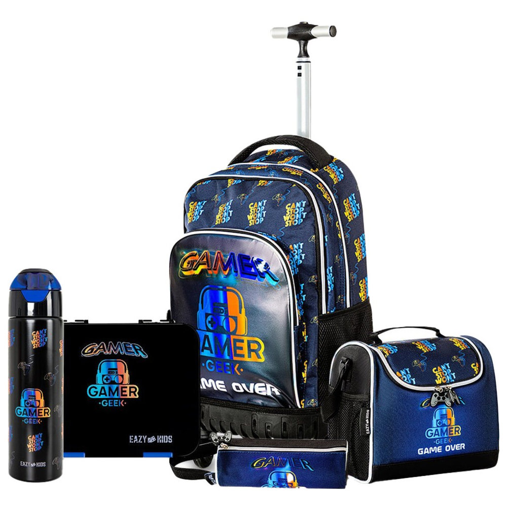 Eazy Kids - Gamer Edition Trolley Backpack, Bento Lunch Box, Spray Water Bottle, Lunch Bag, & Pencil Case Set - Black - 7 Pcs