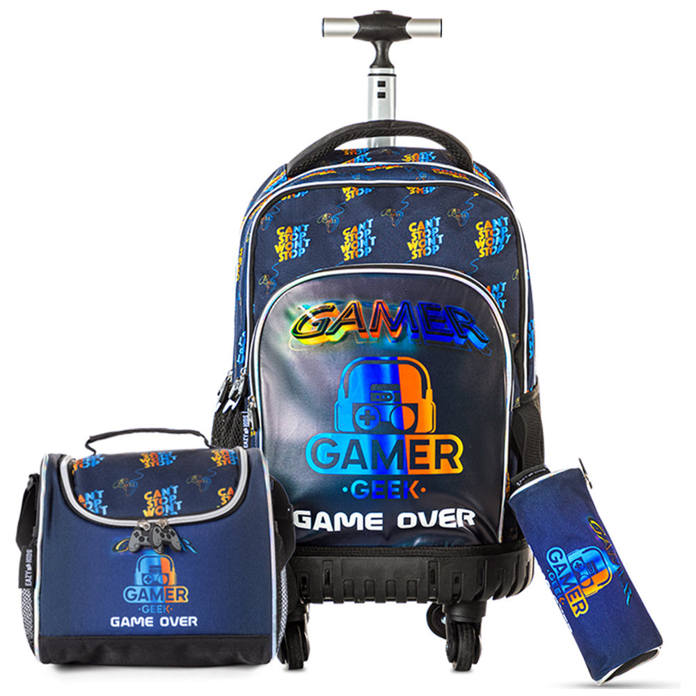Eazy Kids - Gamer Edition Trolley Backpack, Bento Lunch Box, Spray Water Bottle, Lunch Bag, & Pencil Case Set - Black - 7 Pcs
