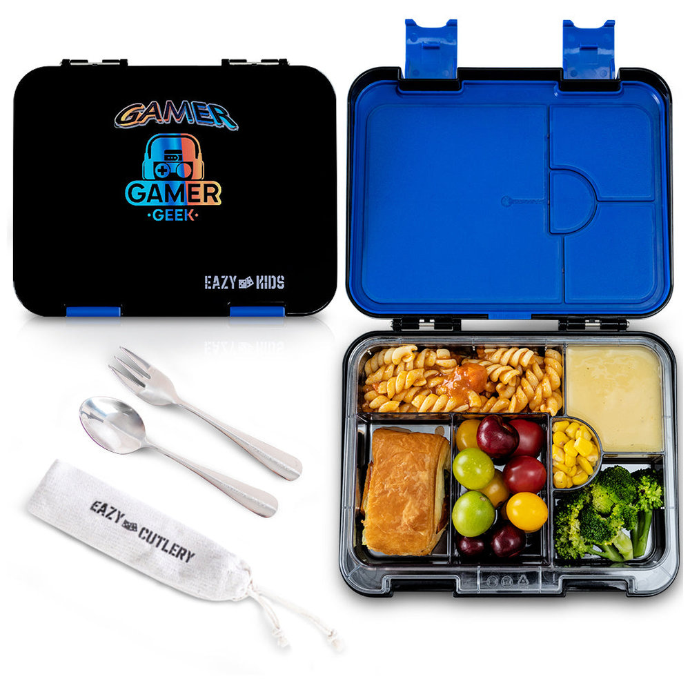 Eazy Kids - Gamer Edition Trolley Backpack, Bento Lunch Box, Spray Water Bottle, Lunch Bag, & Pencil Case Set - Black - 7 Pcs