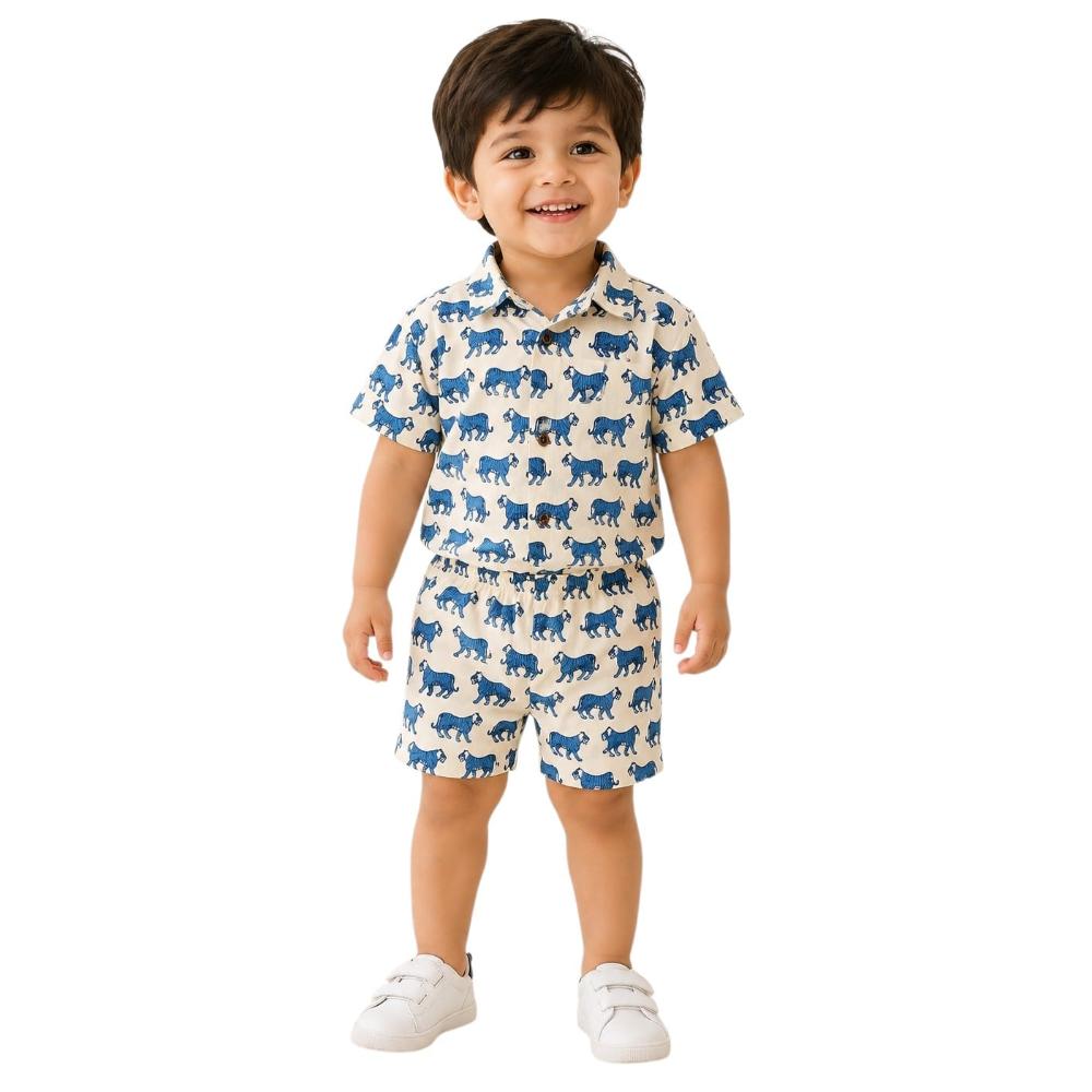 Matching Family Outfits - 2pc-Set - Indigo Tiger Unisex Shirt & Short Set - White/Blue