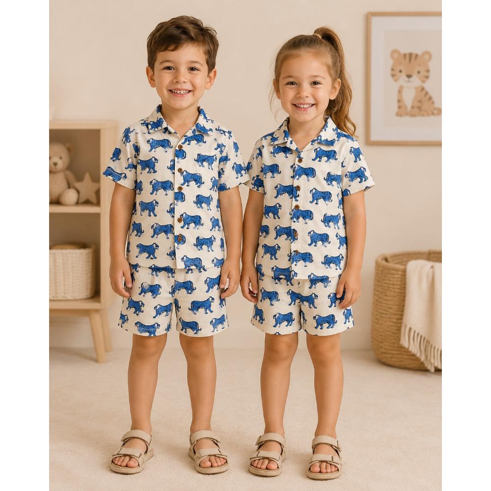 Matching Family Outfits - 2pc-Set - Indigo Tiger Unisex Shirt & Short Set - White/Blue