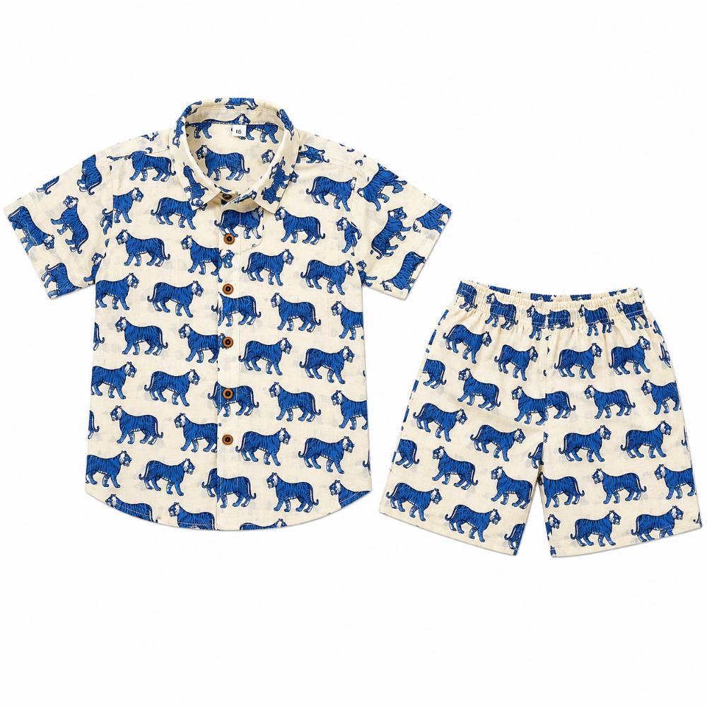 Matching Family Outfits - 2pc-Set - Indigo Tiger Kids Unisex Shirt & Short - White/Blue