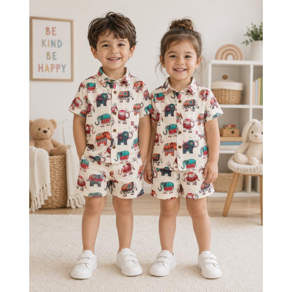 Matching Family Outfits - 2pc-Set - Jaipur Festival Kid Unisex Shirt & Short - Multicolor