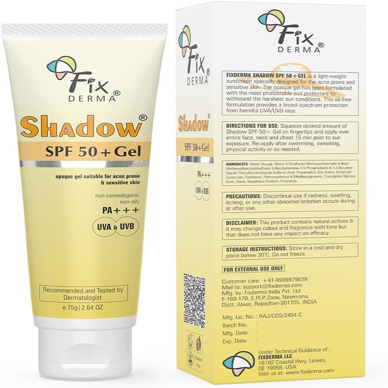 Fixerma - Shadow Sunscreen Gel for Oily Skin with SPF 50+ UVA/UVB Protection - Non-Greasy - 75g