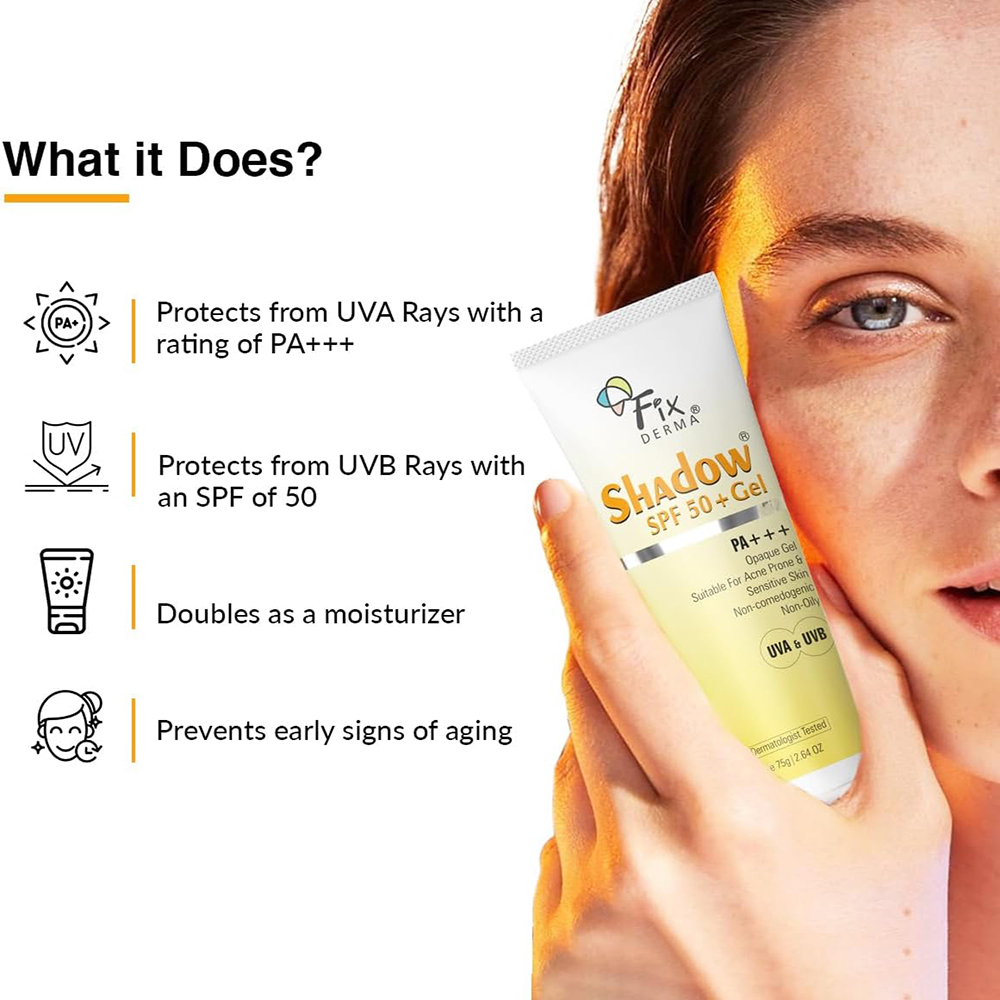 Fixderma - Shadow Sunscreen Spf 50+ Gel - For Oily Skin -  UVA UVB Protection - Non Greasy - 75g