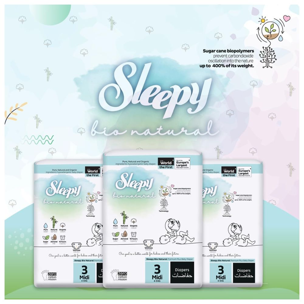 Sleepy - Bio Natural Premium Diapers - Size 3 - 4-9 Kg - 56 Count