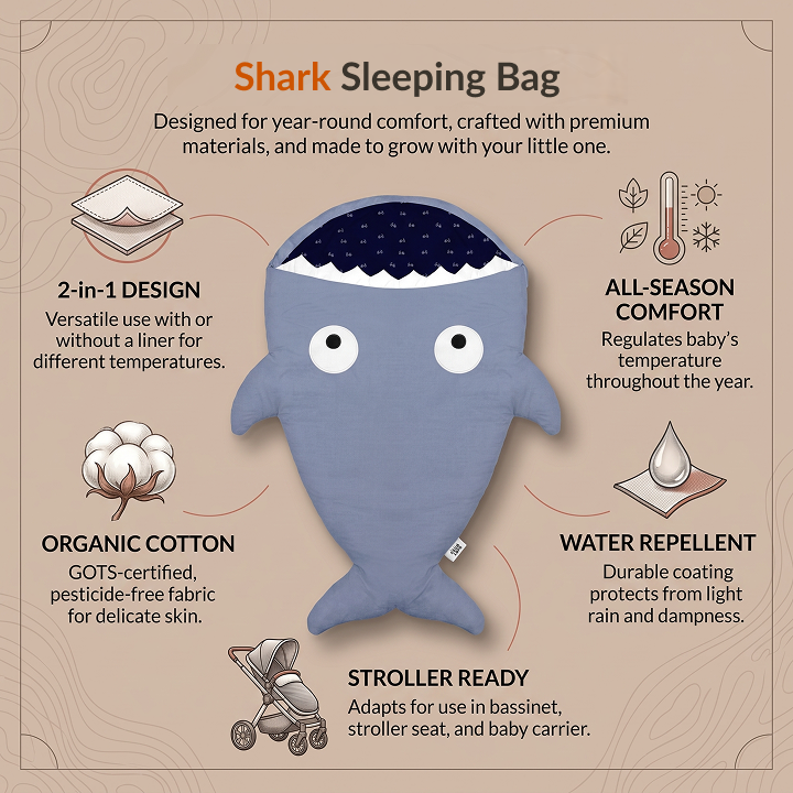 Baby Bites 2-in-1 Organic Cotton Shark Sleeping Bag and Stroller Footmuff for Toddlers