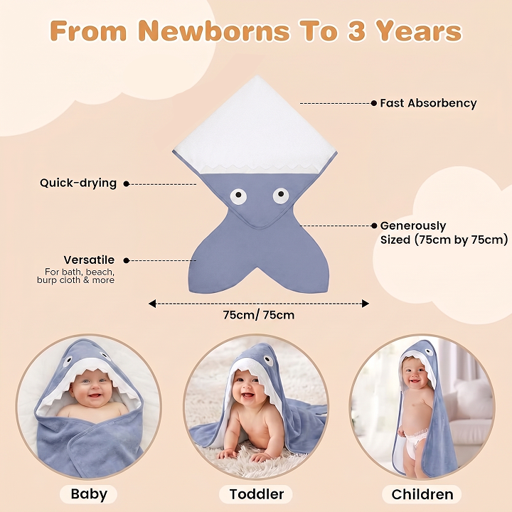 Baby Bites Premium Cotton Hooded Shark Bath Towel and Travel Swaddle for Toddlers, Multicolor