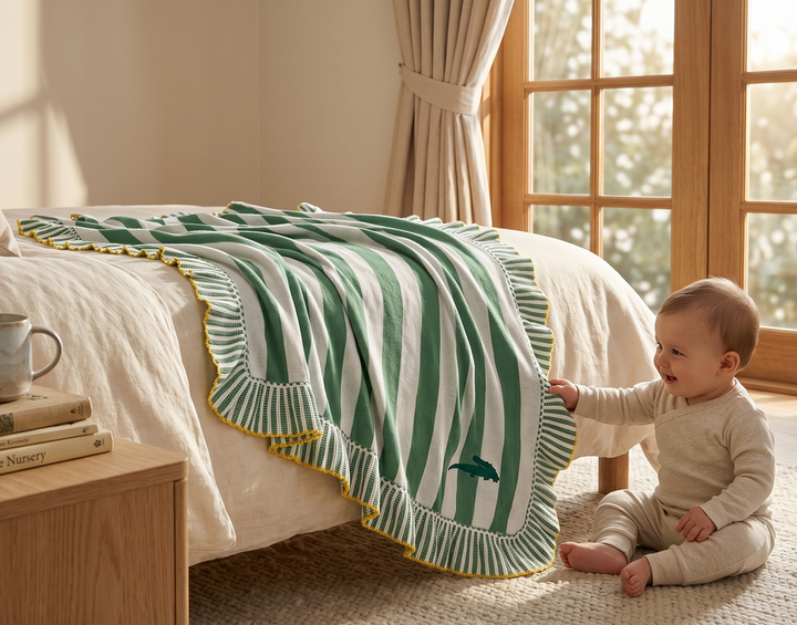 Baby Bites Premium Knitted Organic Cotton Ruffle Baby Blanket for Strollers and Bassinets