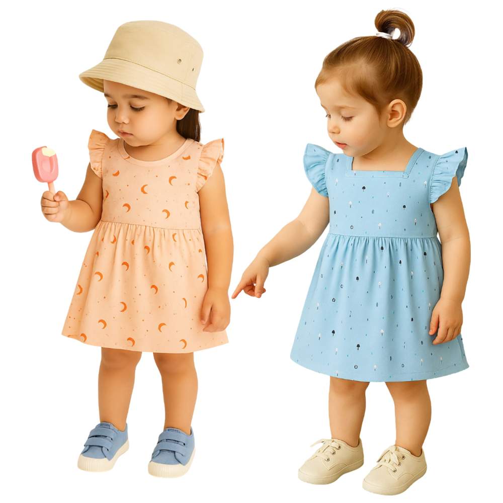 Luay Ultra Soft Ruffled Sleeves Dress Blue/Orange - 2 Pcs