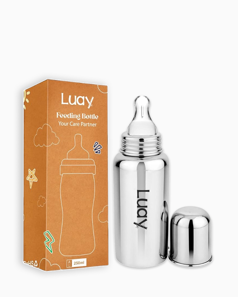 Luay Stainless Steel Baby Feeding Bottle With 3 Extra Soft Silicone Nipples - Silver - 250 ml