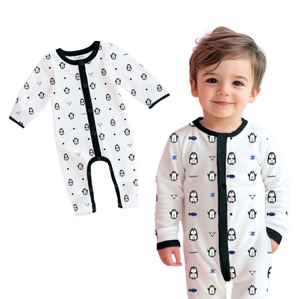 رومبير أطفال بأكمام طويلة مطبوع عليه رسومات بطاريق لؤي - أبيض/أسود