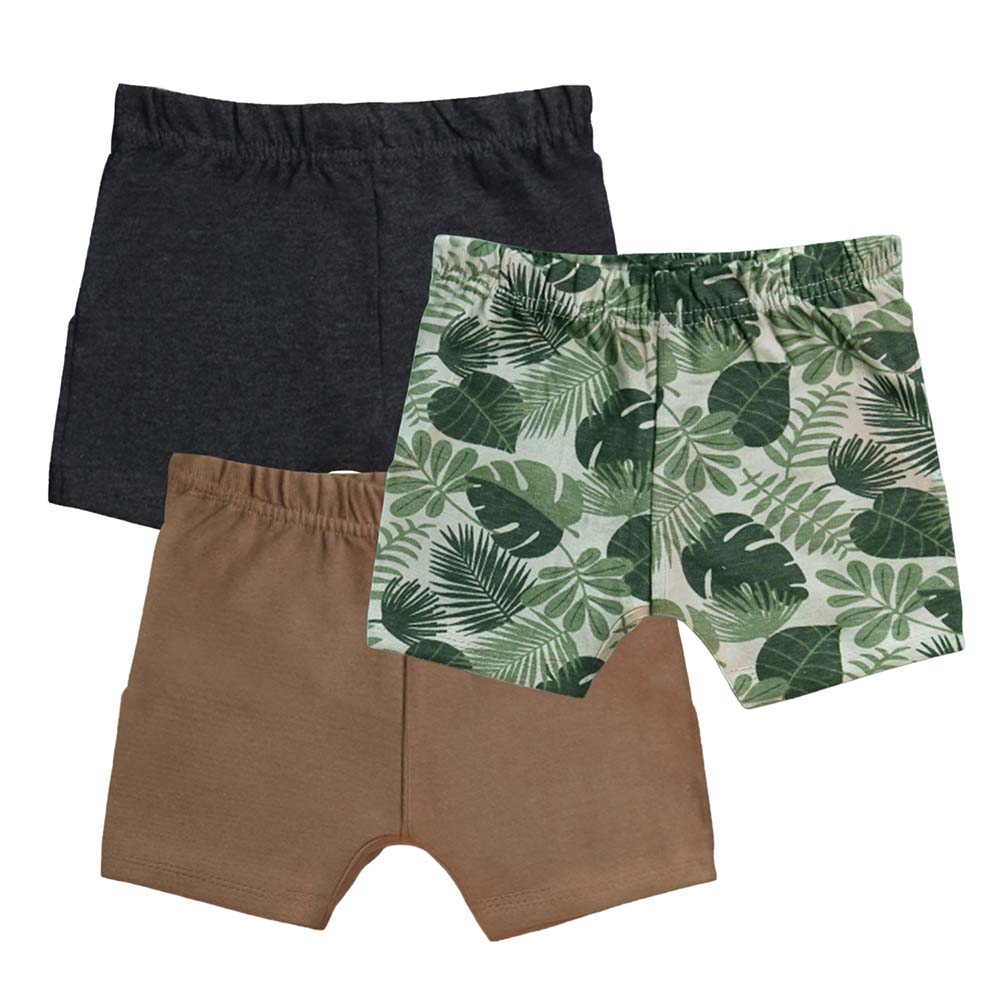 Luay Cotton Brown, & Leaves Pattern Shorts - Black - 3 Pcs