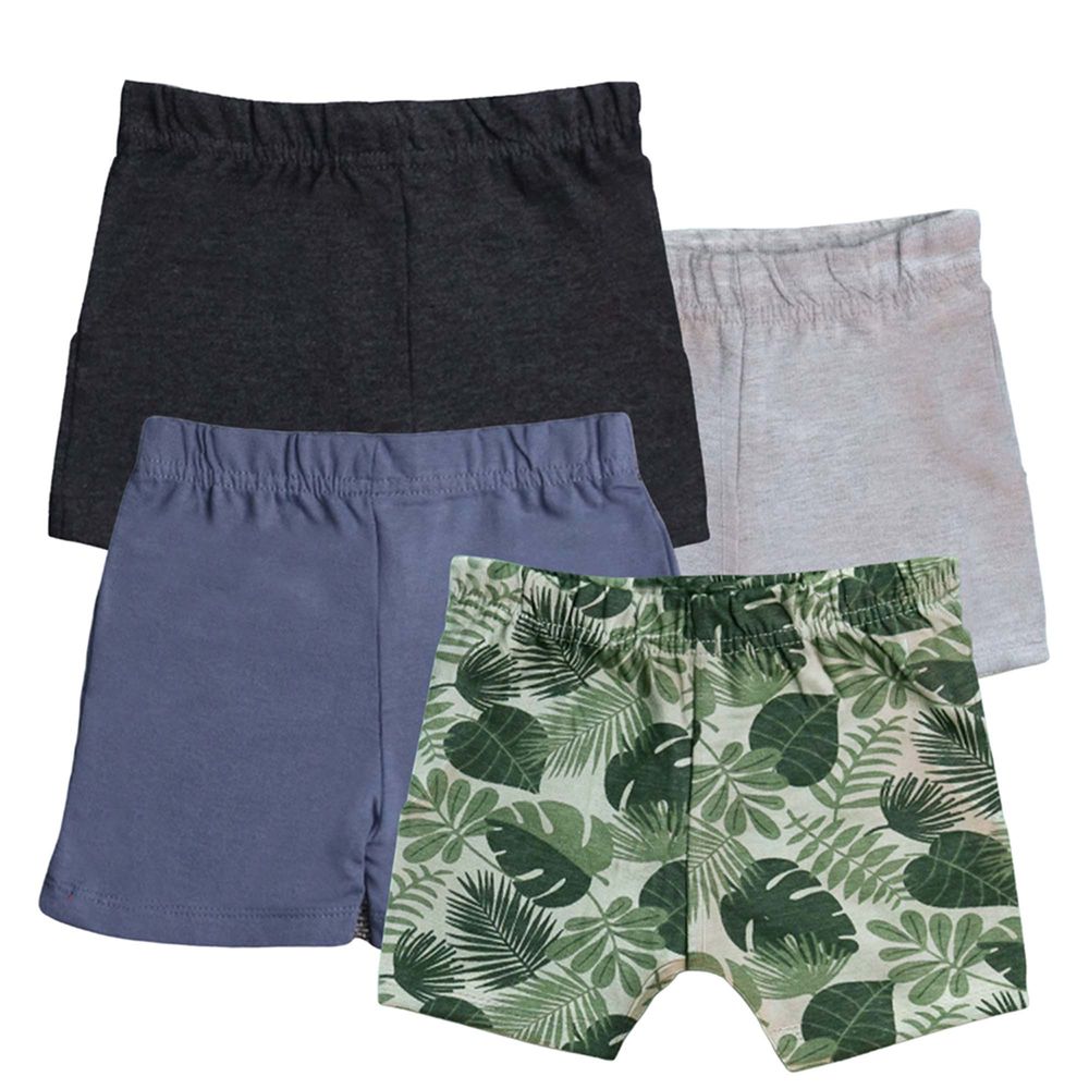 Luay Cotton Blue, , Grey & Leaves Pattern Shorts - Black - 4 Pcs