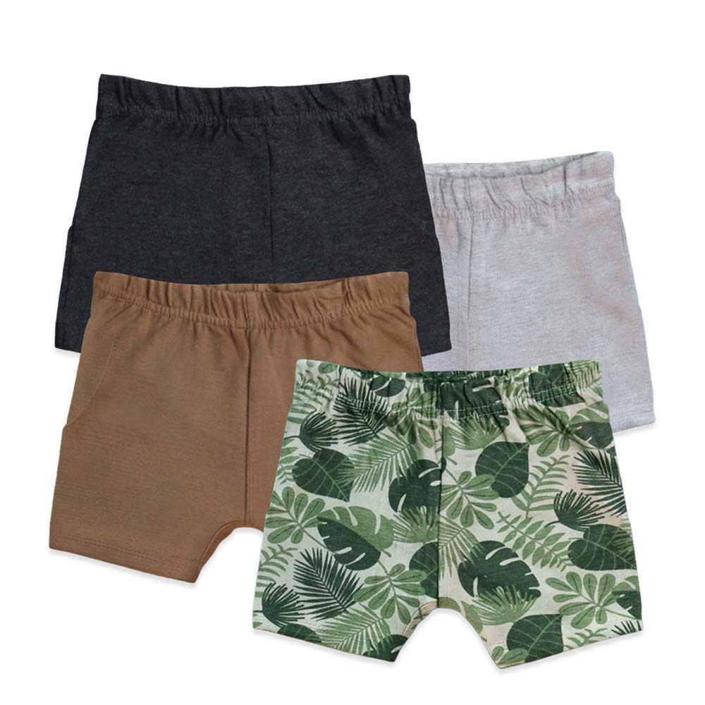 Luay Cotton Brown, , Grey & Leaves Pattern Shorts - Black - 4 Pcs