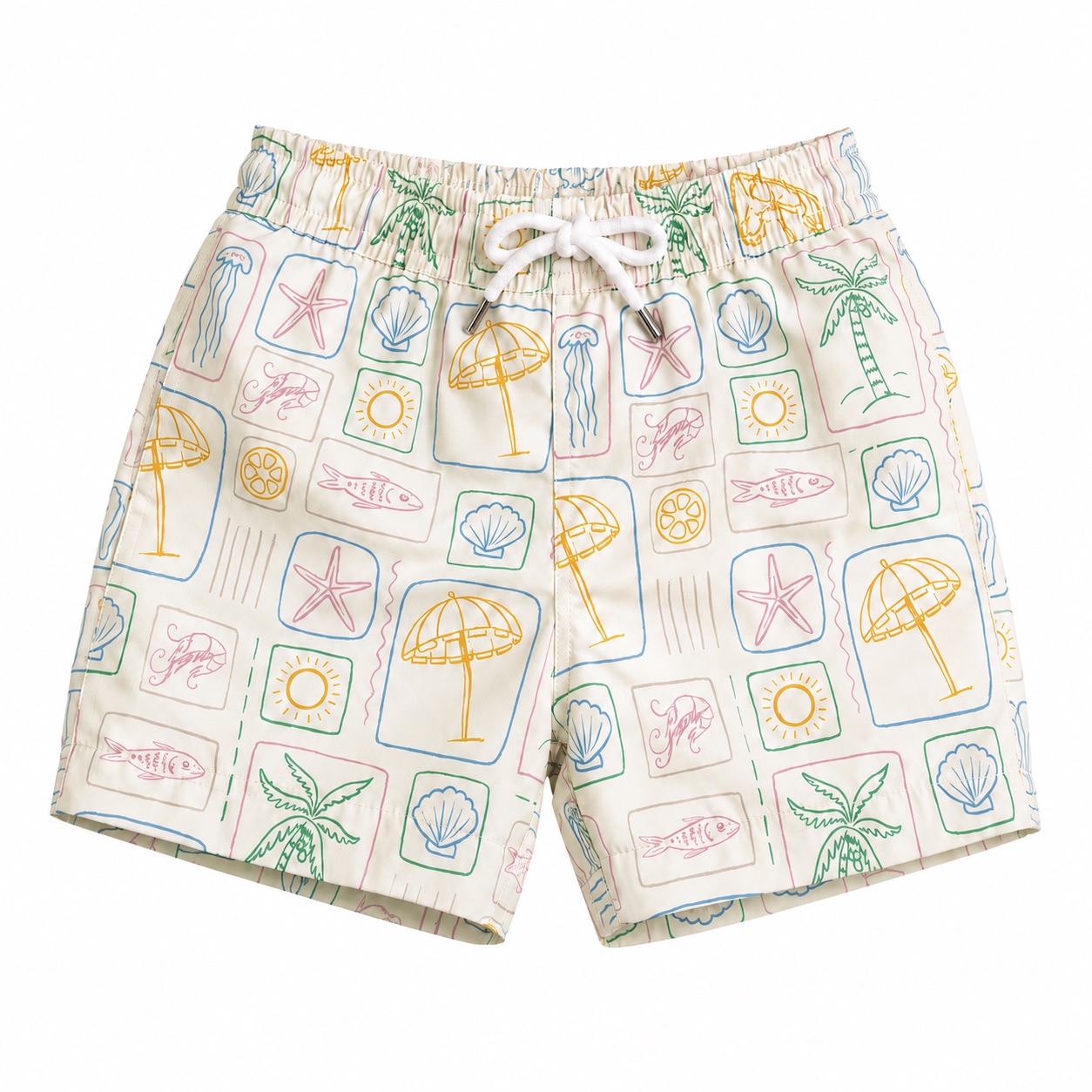 Tippy Toes - Boys Quick Dry Swim Shorts - Beach Print - Ivory White